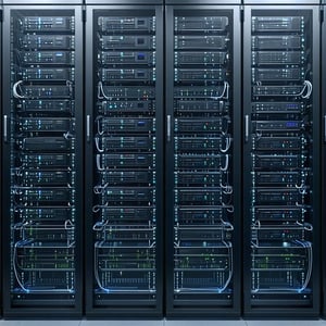 A picture of a modern day rack full of servers