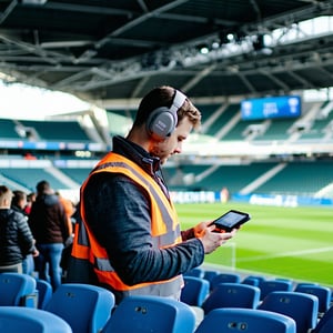 Man taking acoustic measurements in a stadium-1